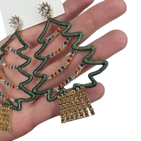 New Large Metal Rhinestone Christmas Tree Statement Earrings - Picture 4 of 6